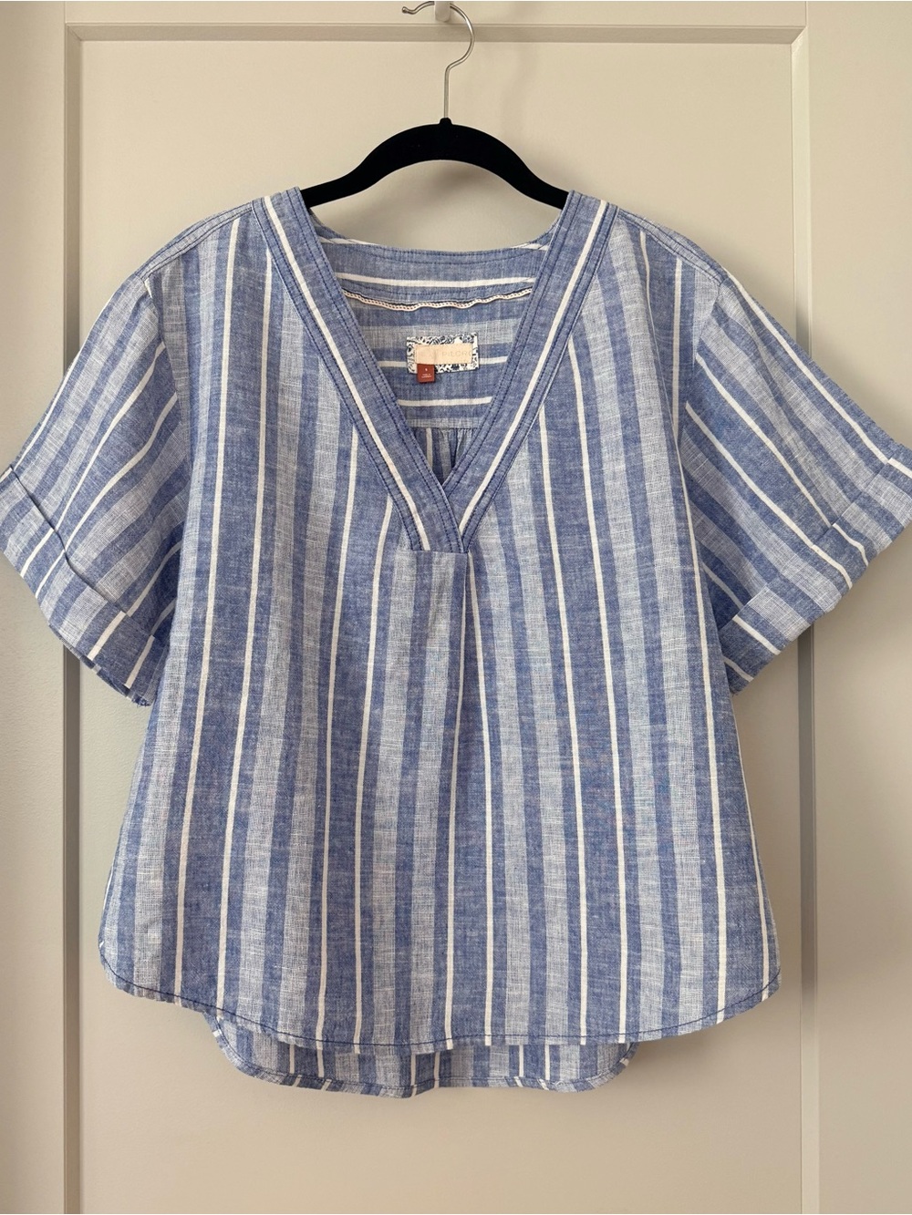 Pilcro Blue and White Striped Woven V-Neck Short Sleeve Henley (Anthropologie)